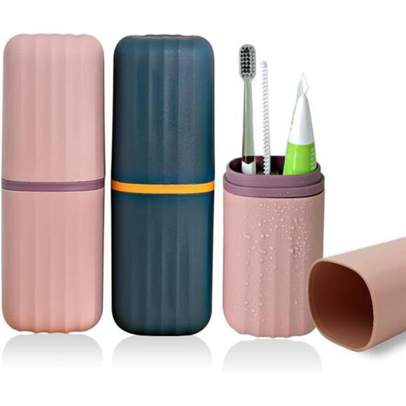 Travel toothbrush case holder set of 2 portable cups storage box pink and blue - Picture 1 of 7